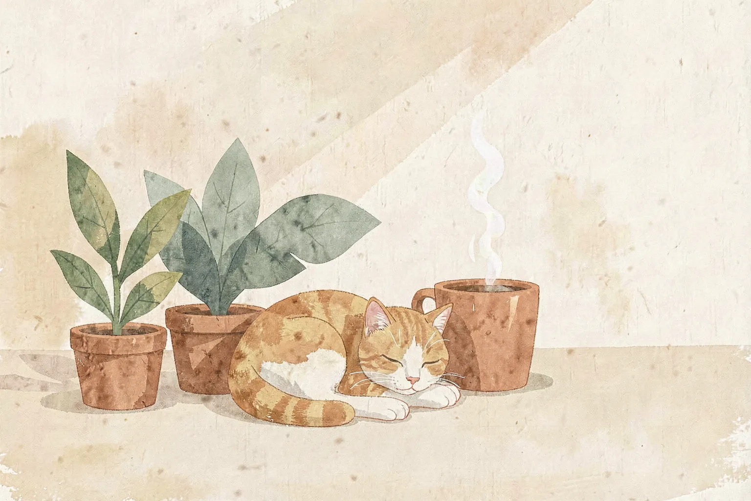 A content ginger cat resting beside potted plants and a warm cup — gouache illustration by Noni nyan