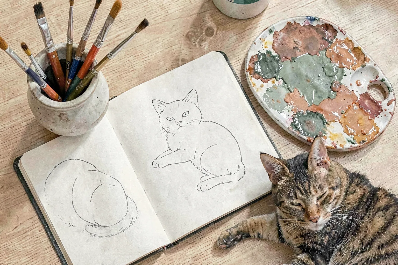 The Noni nyan studio desk — brushes, a palette, and a dozing cat